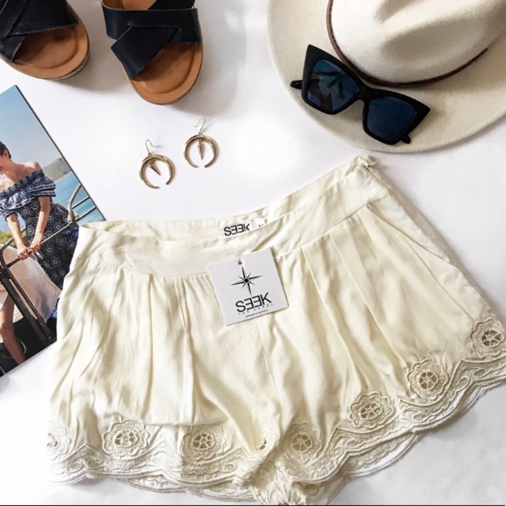 LF seek the label floral embroidered cream shorts